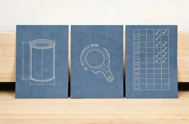 Illustration of a can filling RFQ packet with can drawing and seamer gauge notes, not a real map