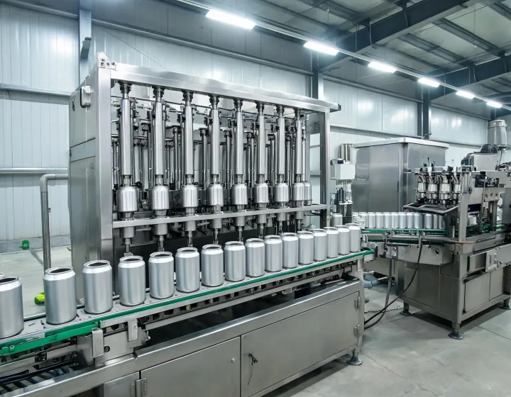 Rotary can filling valves and seamer infeed on a beverage canning floor